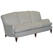 Howard & Sons canapé with feather cushions and ticking fabric, Victorian style.