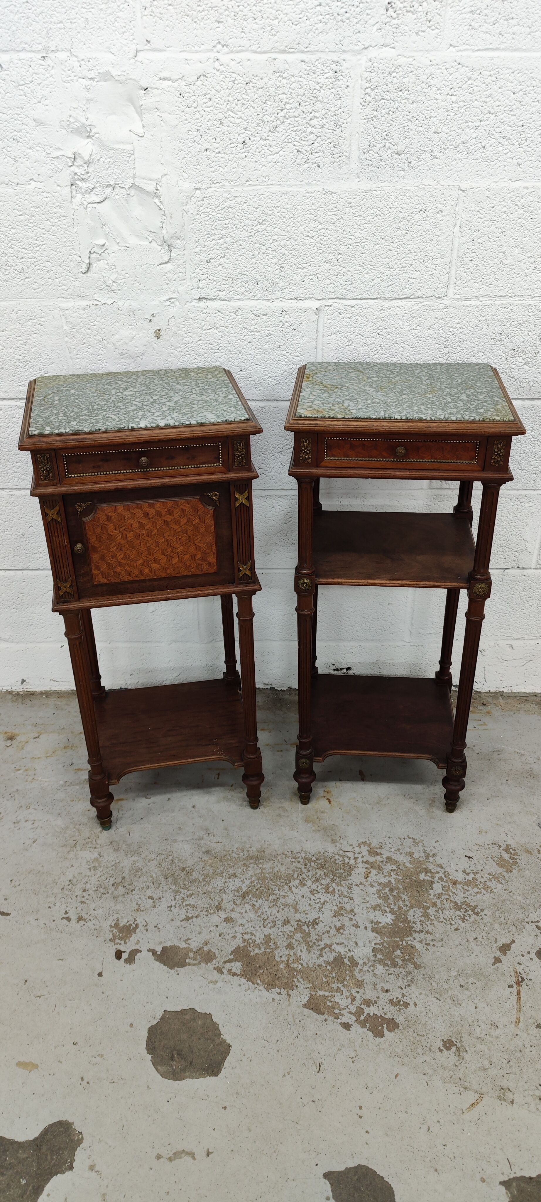 Pair of bedside old marquetry top green marble and bronze decorations