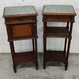 Pair of bedside old marquetry top green marble and bronze decorations