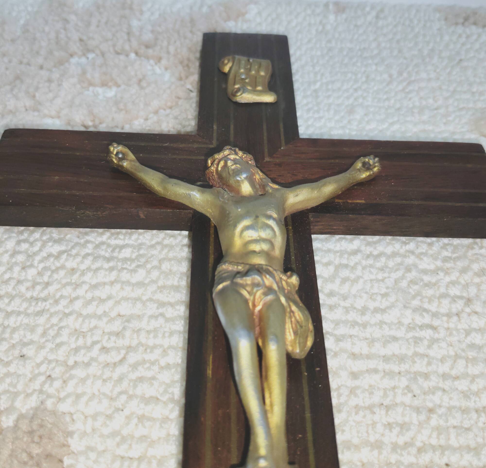 Large Antique Walnut Crucifix with Brass Inserts - Vintage 1920 - French
