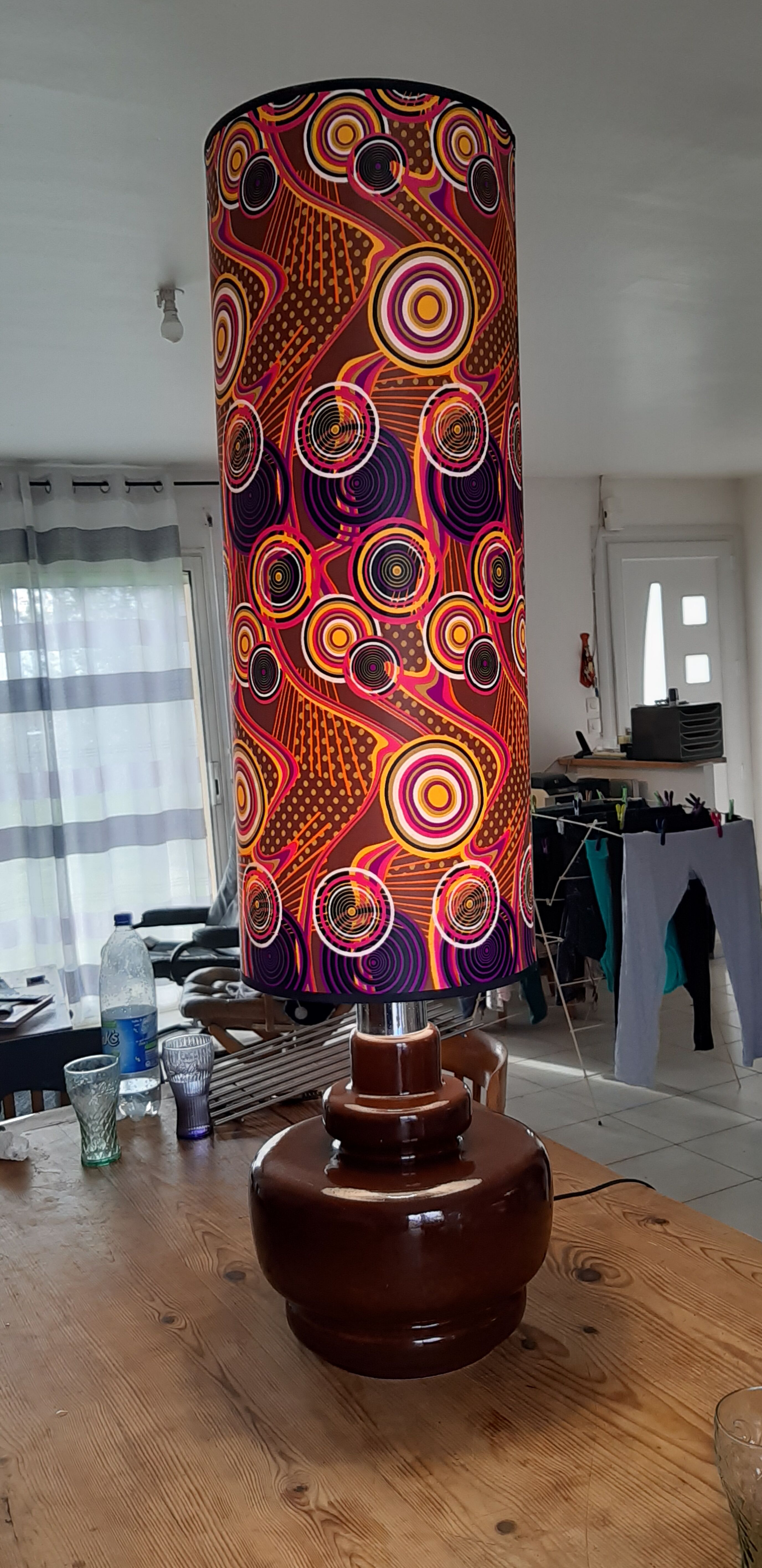 Vintage lamp of the years 70 faience and plasticized fabrics