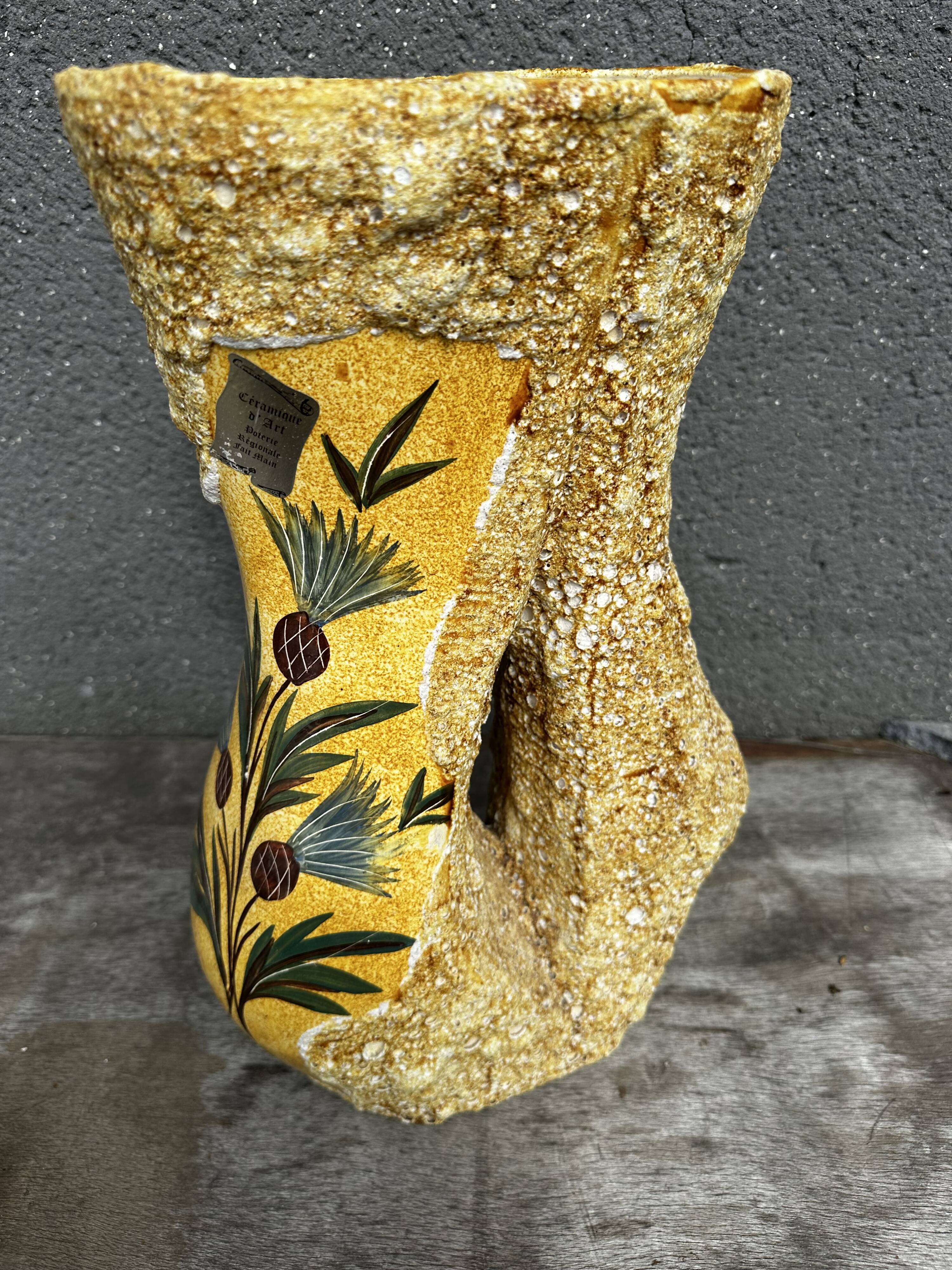 Large Glazed Ceramic Vase with Floral and Fat Lava Decor - Vallauris