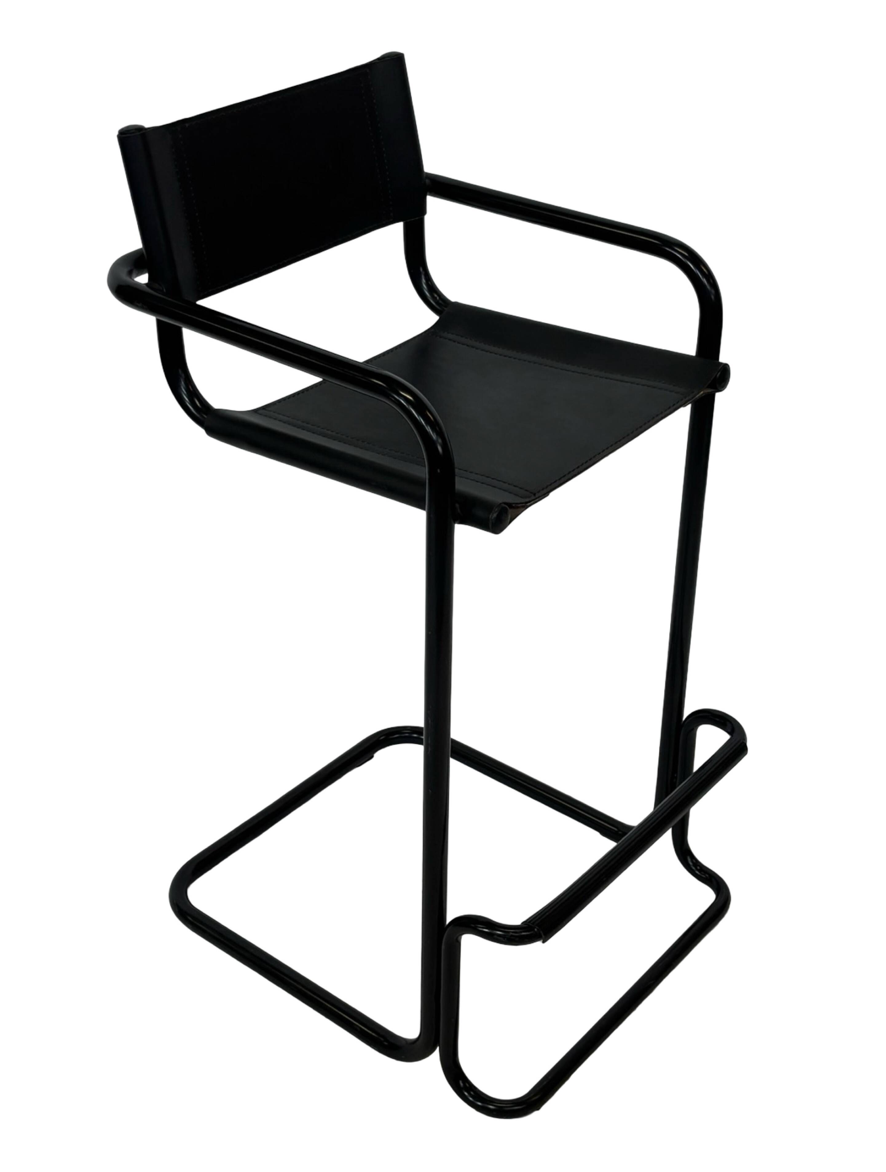 Vintage Black Leather & black frame Italian Modern Barstool