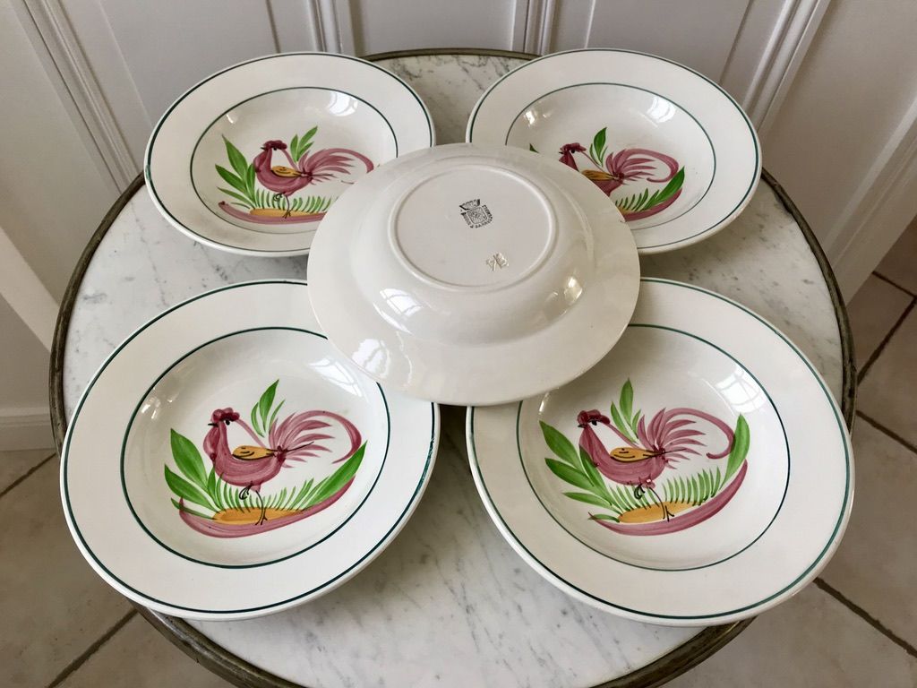 Lot of 5 hollow plates digoin sarreguemines model "rooster" years 40-50