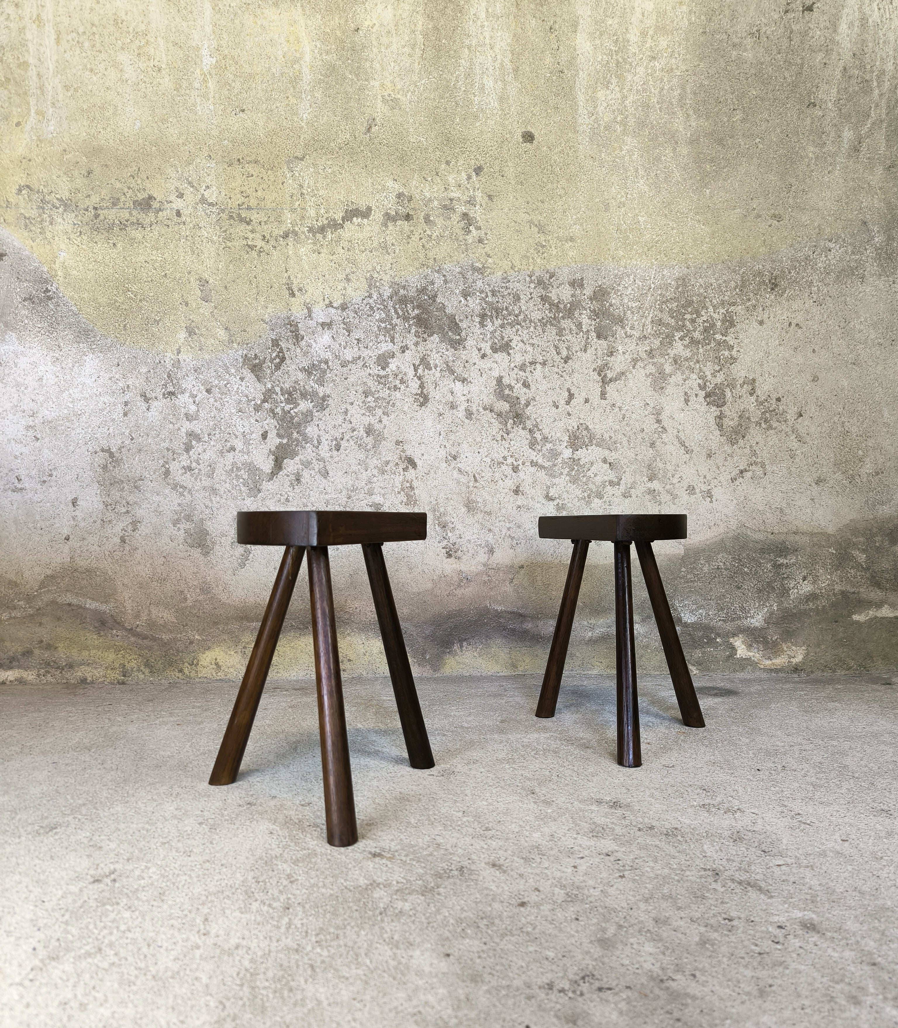 Pair of vintage tripod stools in solid wood