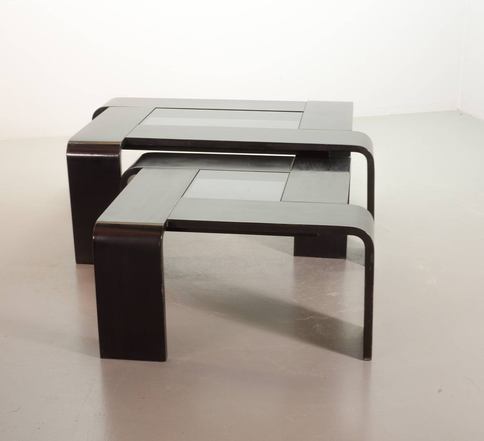 Rectangle Black Lacquered Plywood Coffee Table with Smoked Glass Panel 70s