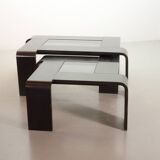Rectangle Black Lacquered Plywood Coffee Table with Smoked Glass Panel 70s