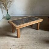 Brutalist coffee table in solid oak and marble from the 70s