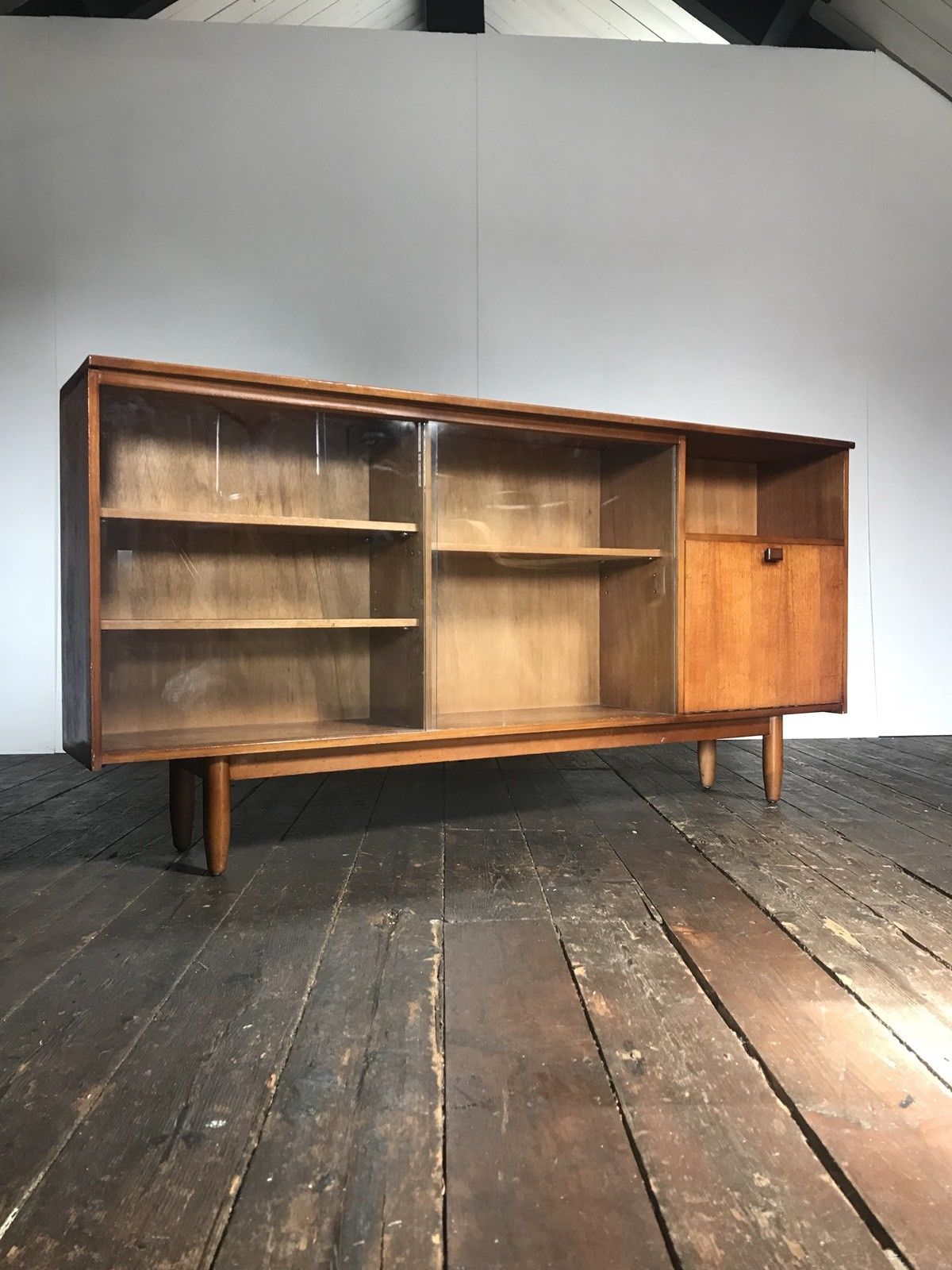 Row / teak, part glass, Mid century Scandinavian buffet