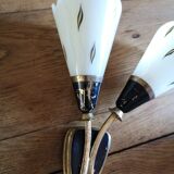 Double sconce in brass and tempered patterned glass 50s