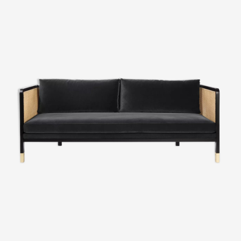 Sofa cannage 210 wood black velvet grey chic