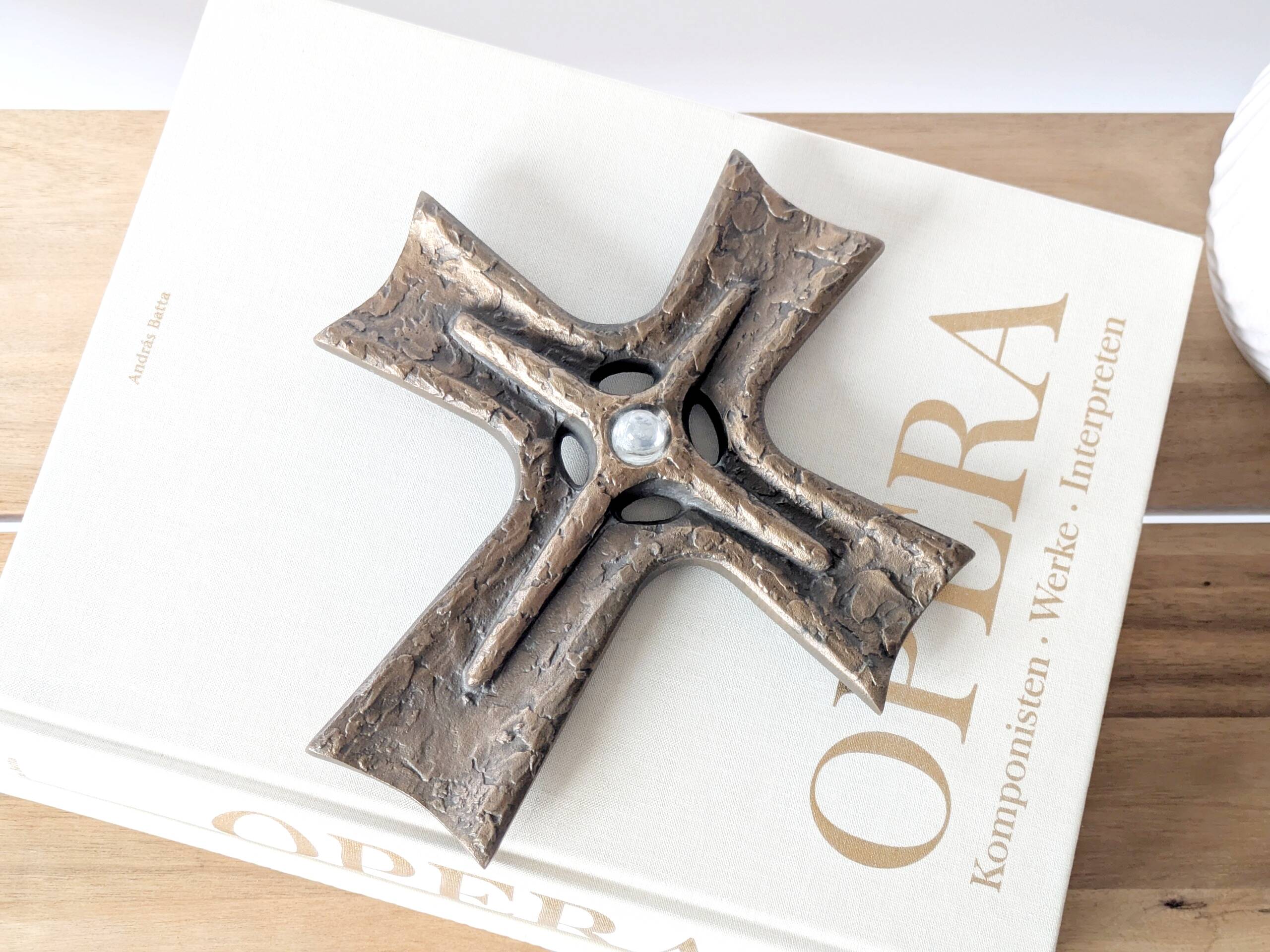 Vintage brutalist bronze crucifix, religious art from the 1950s
