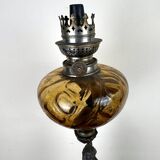 Large kerosene lamp mounted on a spelter statue entitled "Chanson par Rousseau" circa 1900