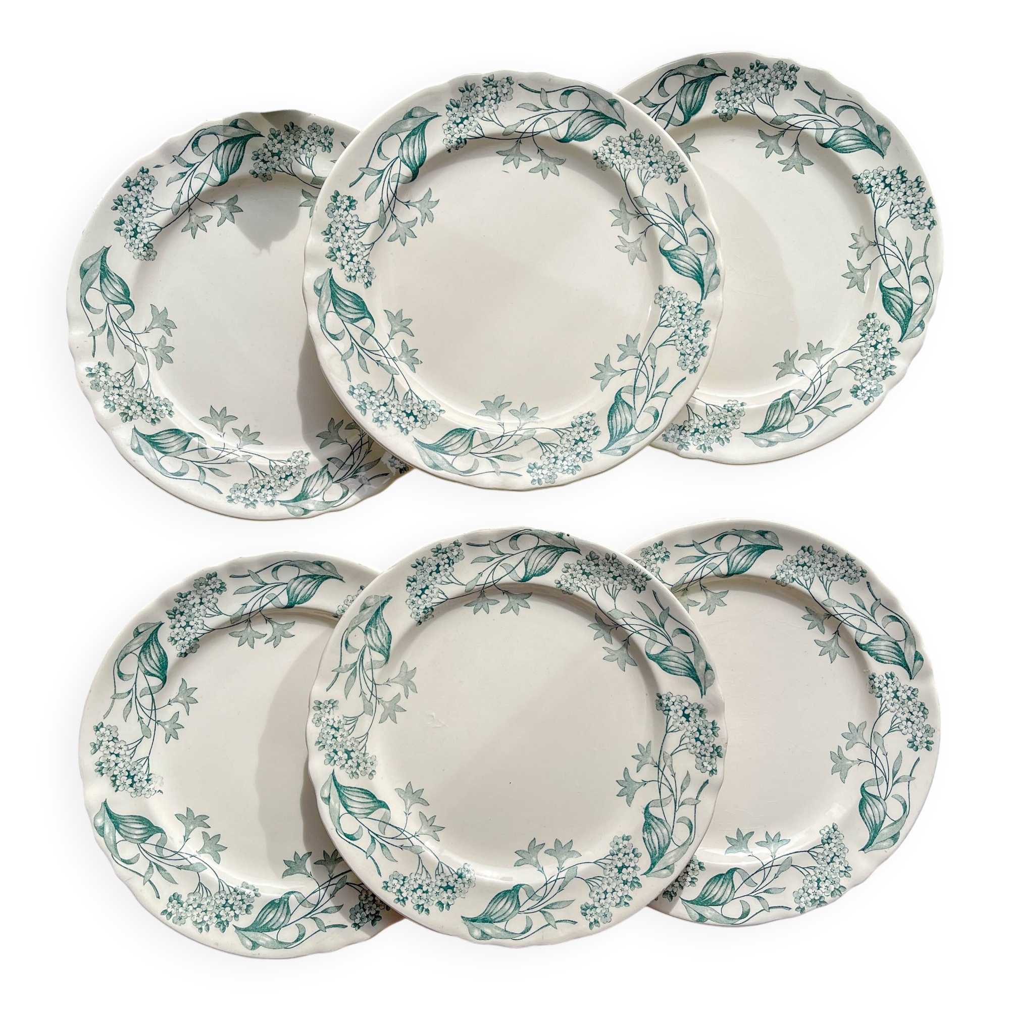 Set of 6 Antique Flat Plates Terre de Fer "Lilac" - Longchamp 19th Century