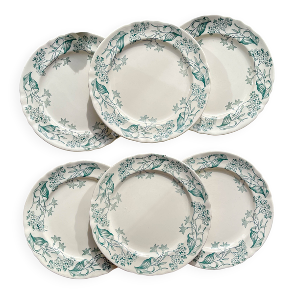 Lot de 6 Assiettes Plates Anciennes Terre de Fer ''Lilas'' – Longchamp XIXe