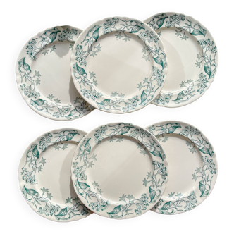 Set of 6 Antique Flat Plates Terre de Fer "Lilac" - Longchamp 19th Century