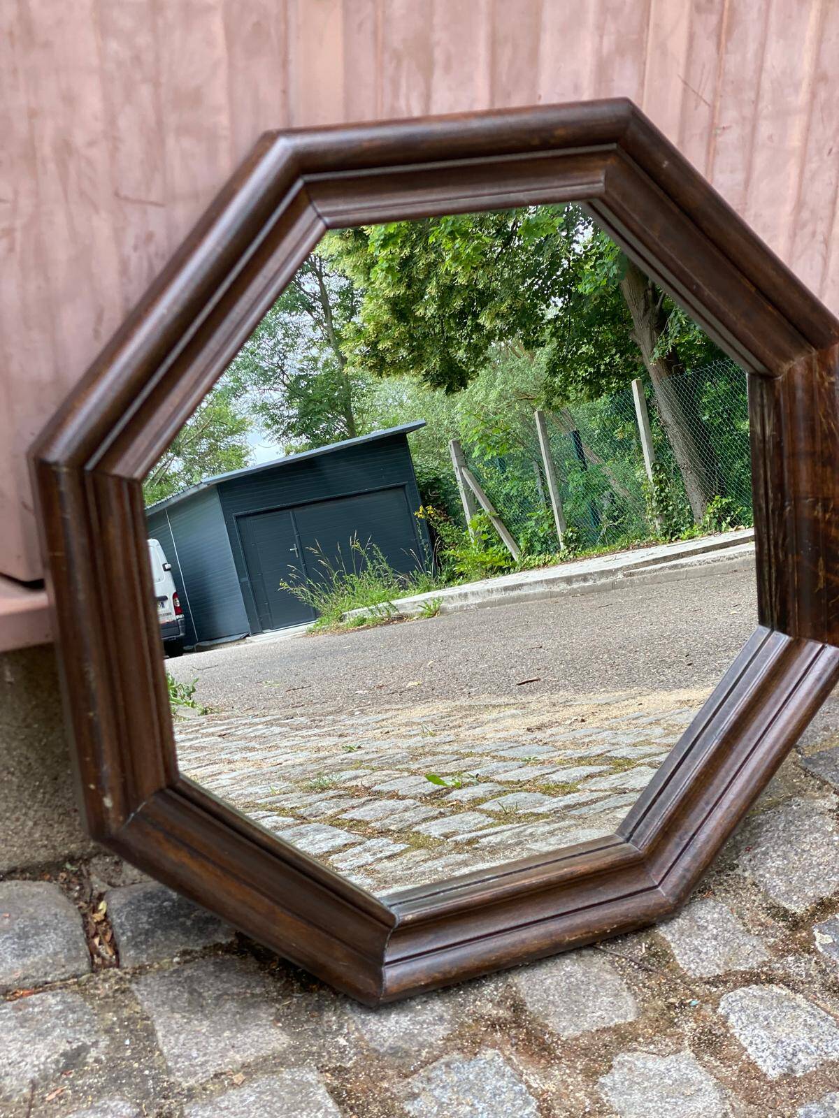 Vintage octagonal mirror in solid wood from the 70s, 63x63cm.