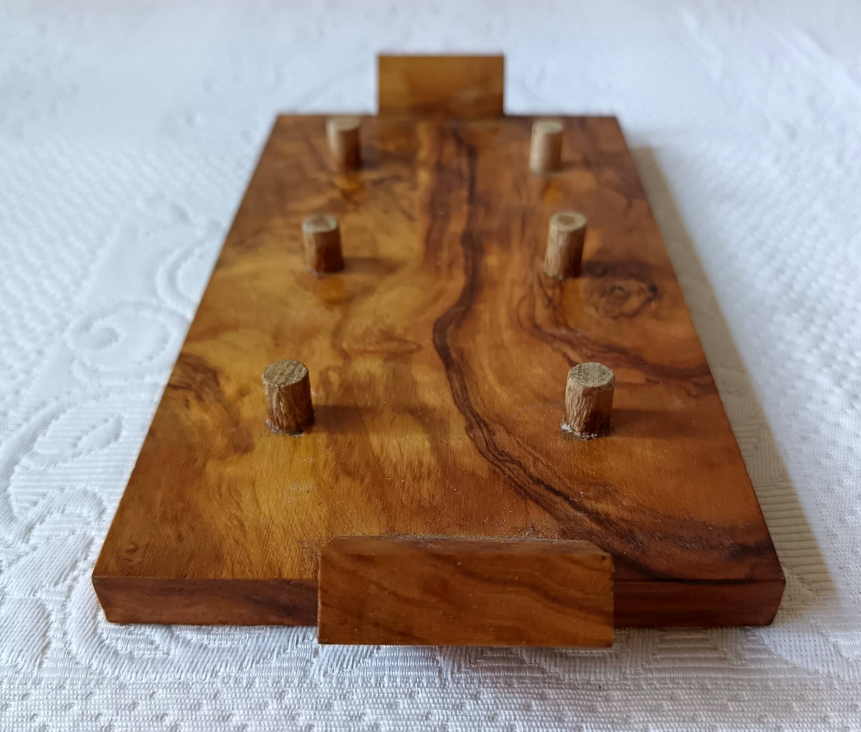 6 vintage egg cups on olive wood tray France