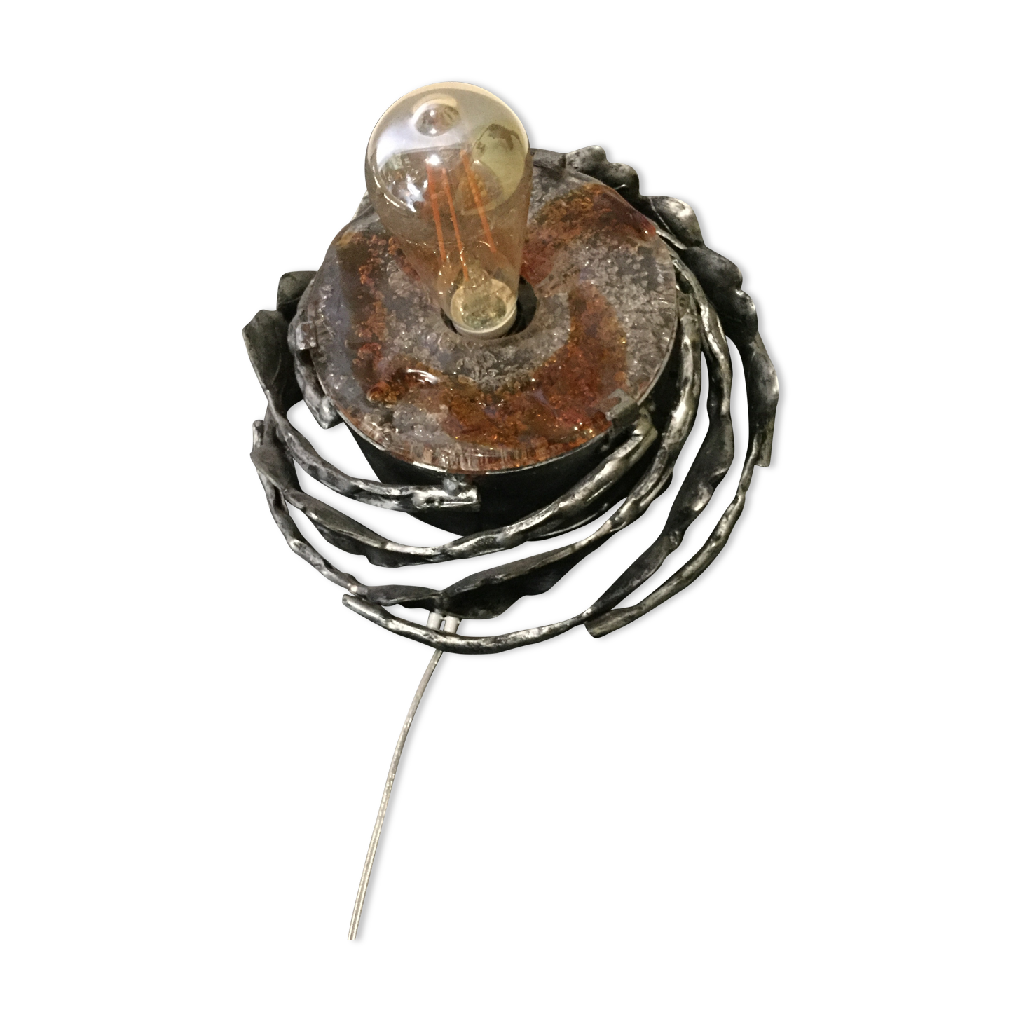 Brutalist glass and iron wall lamp with socket