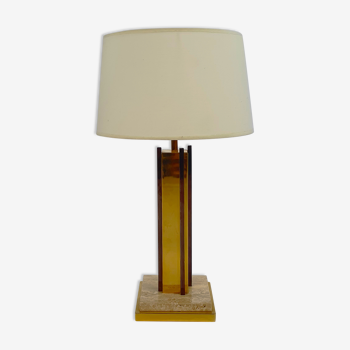 Lampe de table plaquée or et travertin de 24 k kt, années 1970