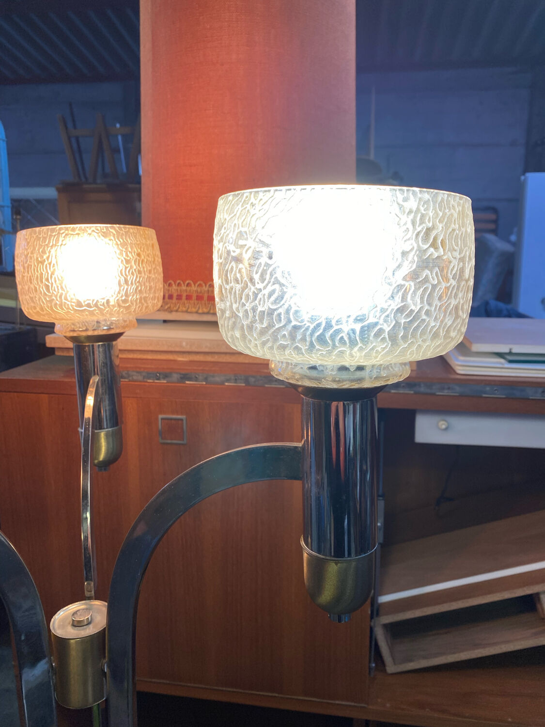 Three-burner metal and brass floor lamp