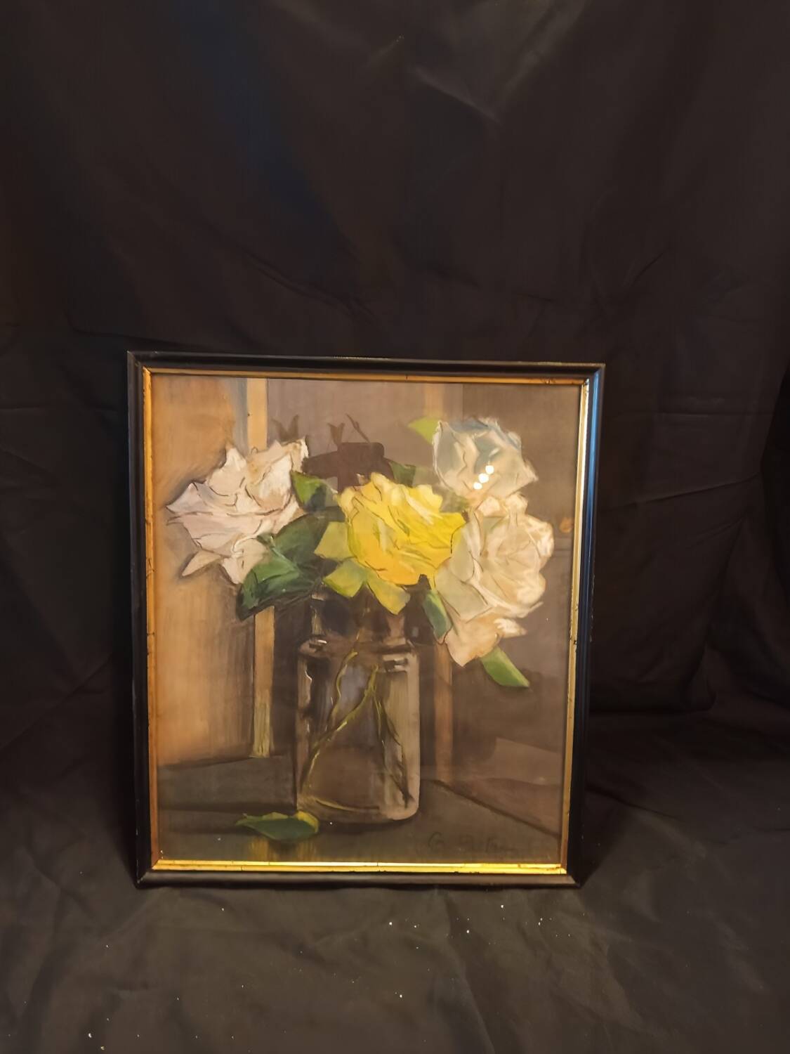 Élégante peinture originale – « Roses blanches et jaunes », signée G. Paulin