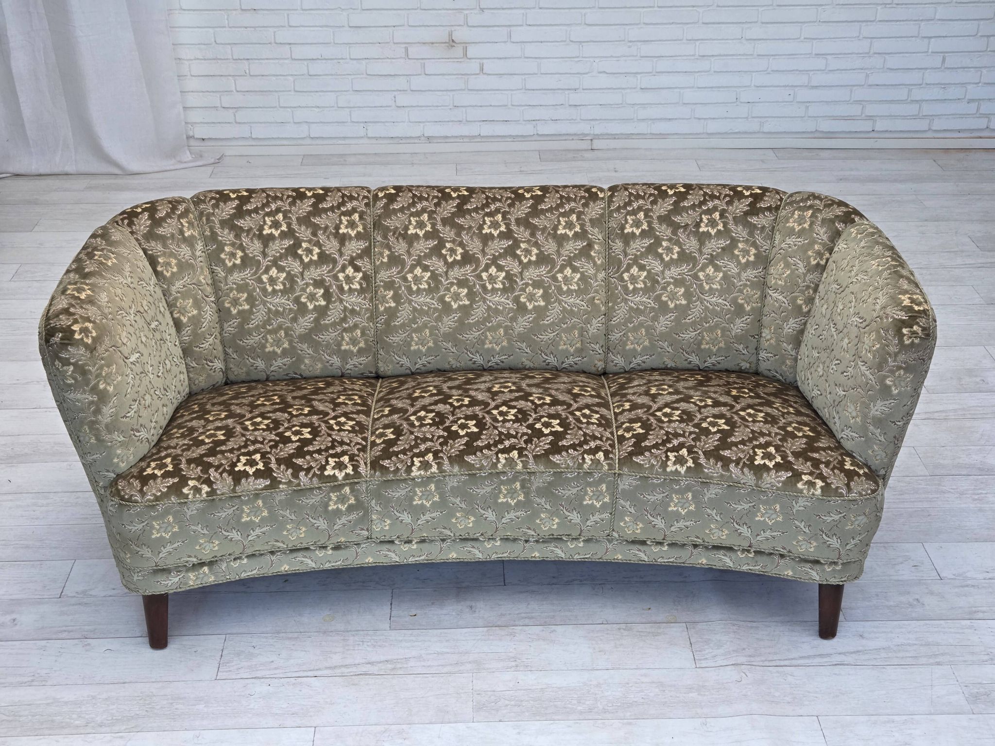 1960s, Danish 3-seater curved sofa, furniture velour, beech wood legs.