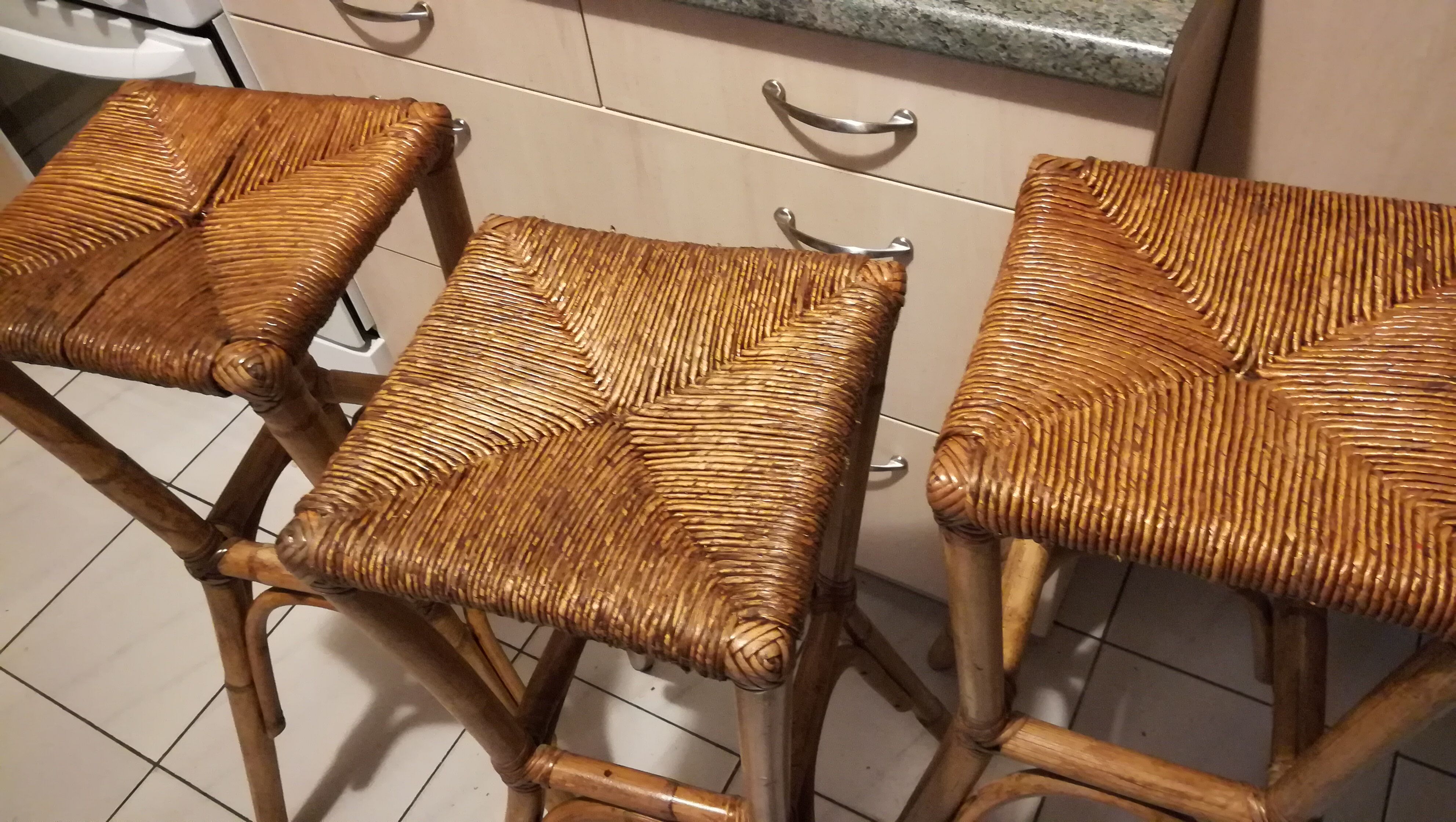3 rattan bar stools seated mulched 1960s