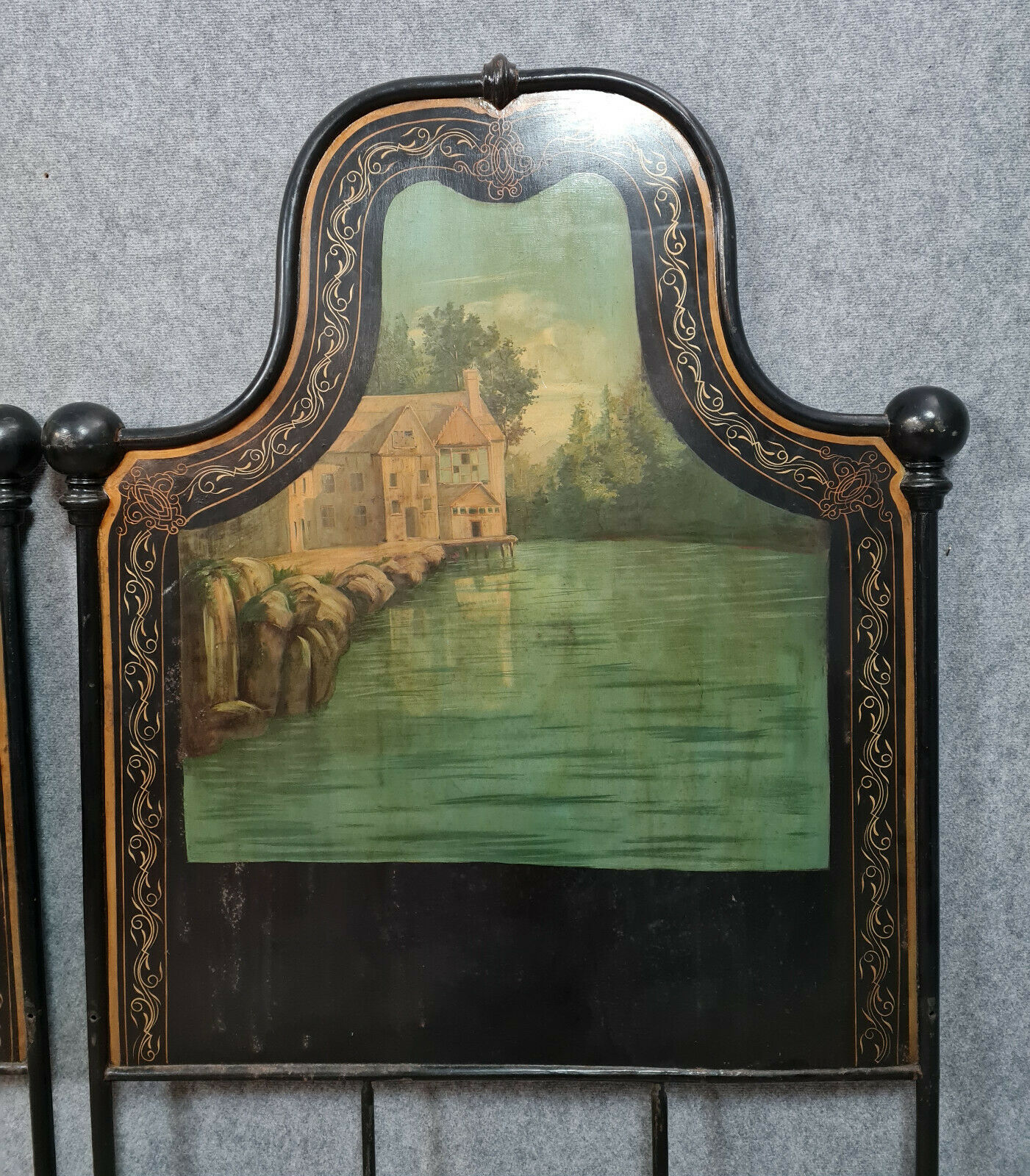 Pair of cast iron beds with hand-painted decorations period