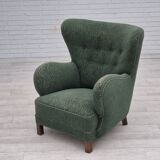 Fauteuil danois des années 1960, état d'origine, tissu d'ameublement, pieds en bois de hêtre.