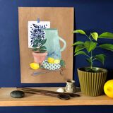 Original illustration A4 Blue and lemon carafe by Coeur de voyou