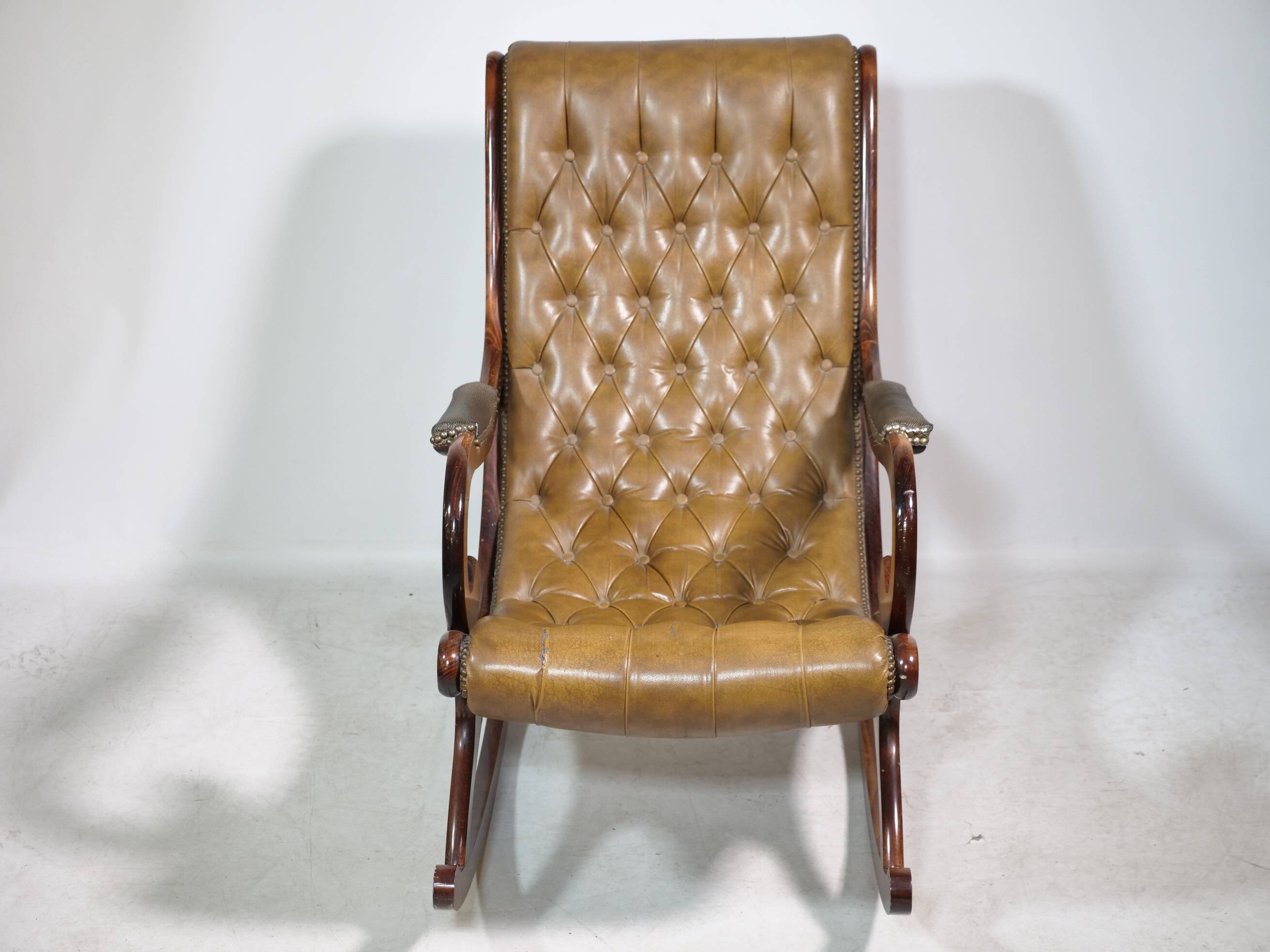 Vintage Chesterfield Design Leather Rocking Chair in Wood, 1920s