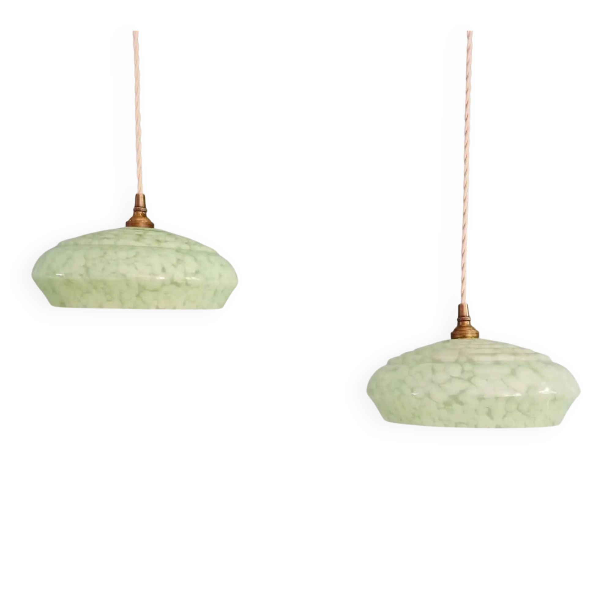 Pair of Art Deco light fixtures in light green speckled glass, 1930s.