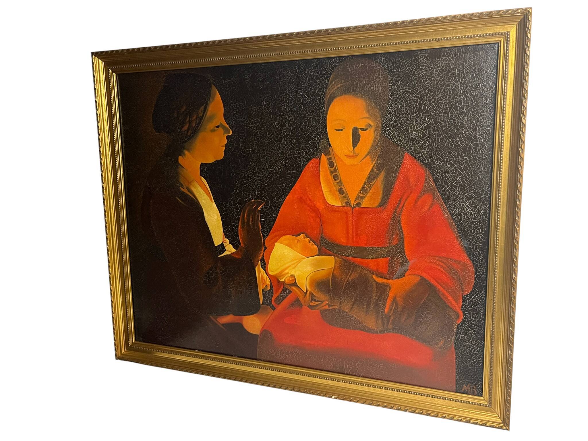 De la Tour, HST reproduction The Newborn gilded frame 20th century