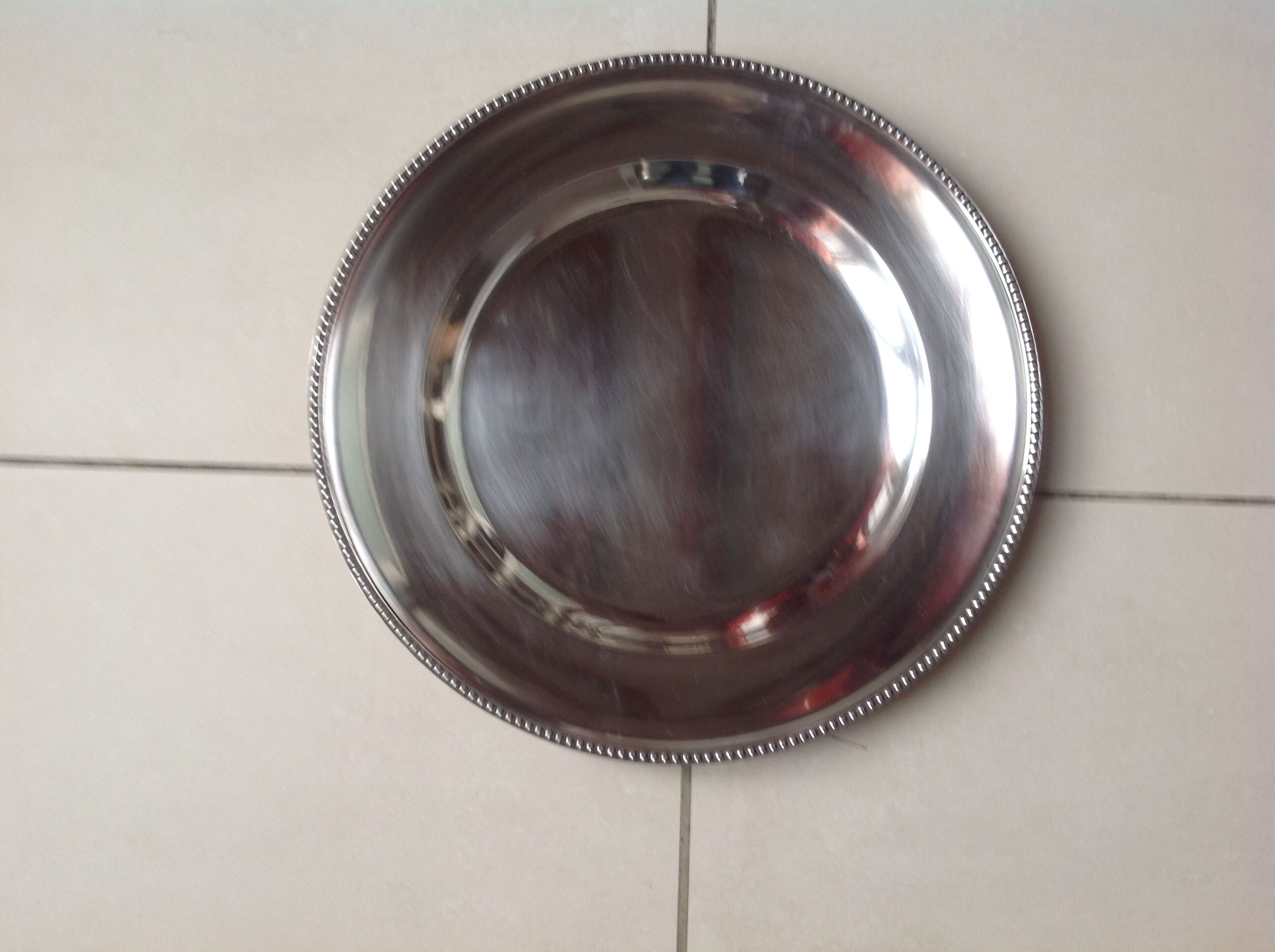 Old silver metal dish, beaded finish