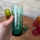 Mismatched colored glass orangeade set with pitcher and 6 glasses