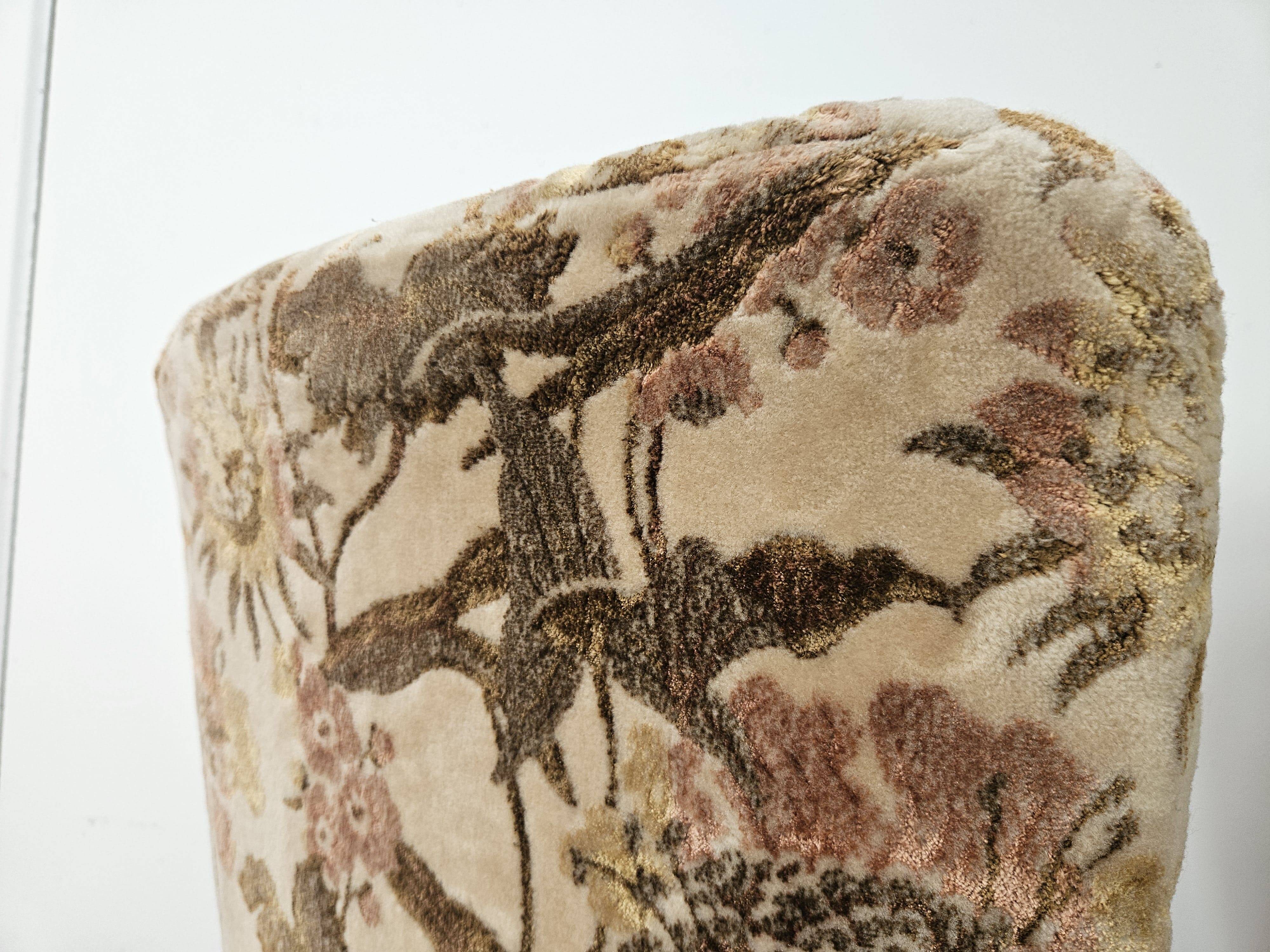 Pair of bedroom armchairs in walnut and fabric, 1960