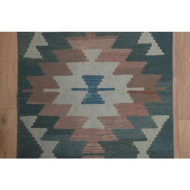 1970s Vintage Turkish Handmade Wool & Cotton Green Runner Rug  73x291