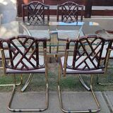 Vintage Italian Dining Chairs and Table in Brass, 1970s, Set of 7