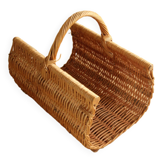 Handmade solid wicker and wooden firewood basket, braided, vintage from the 1980s