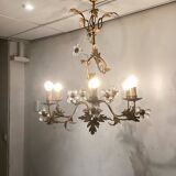Lustre en métal doré et fleurs en verre, 1970
