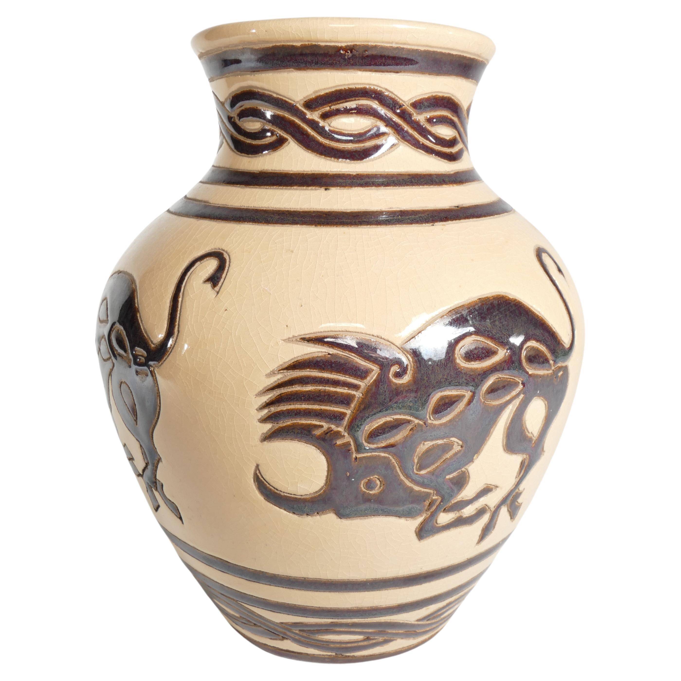 Vintage Ceramic Vase with Brown Bulls and Bands