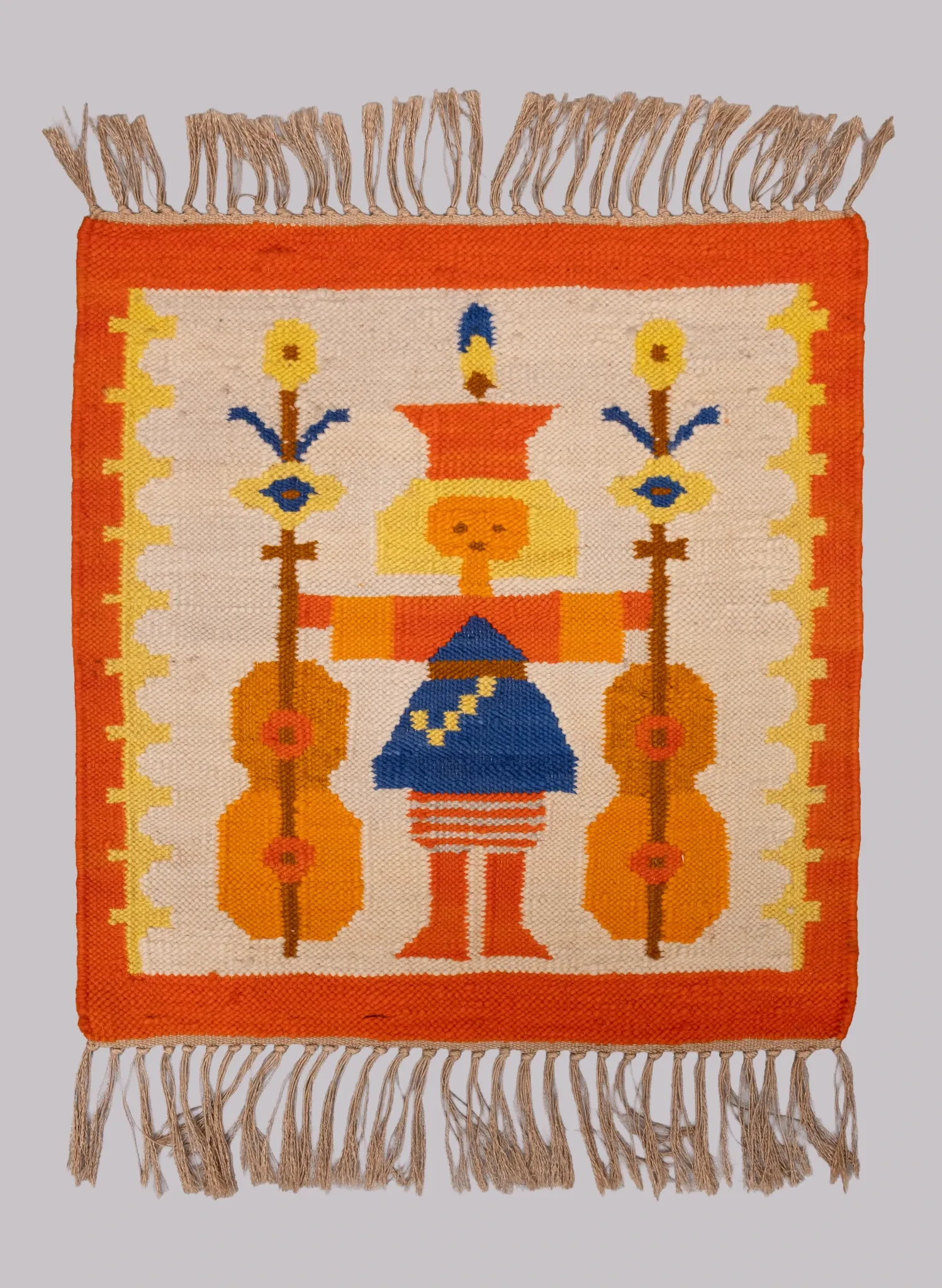 Polish Hand Knotted Square Wall Tapestry ''Musician'' 1960s Poland