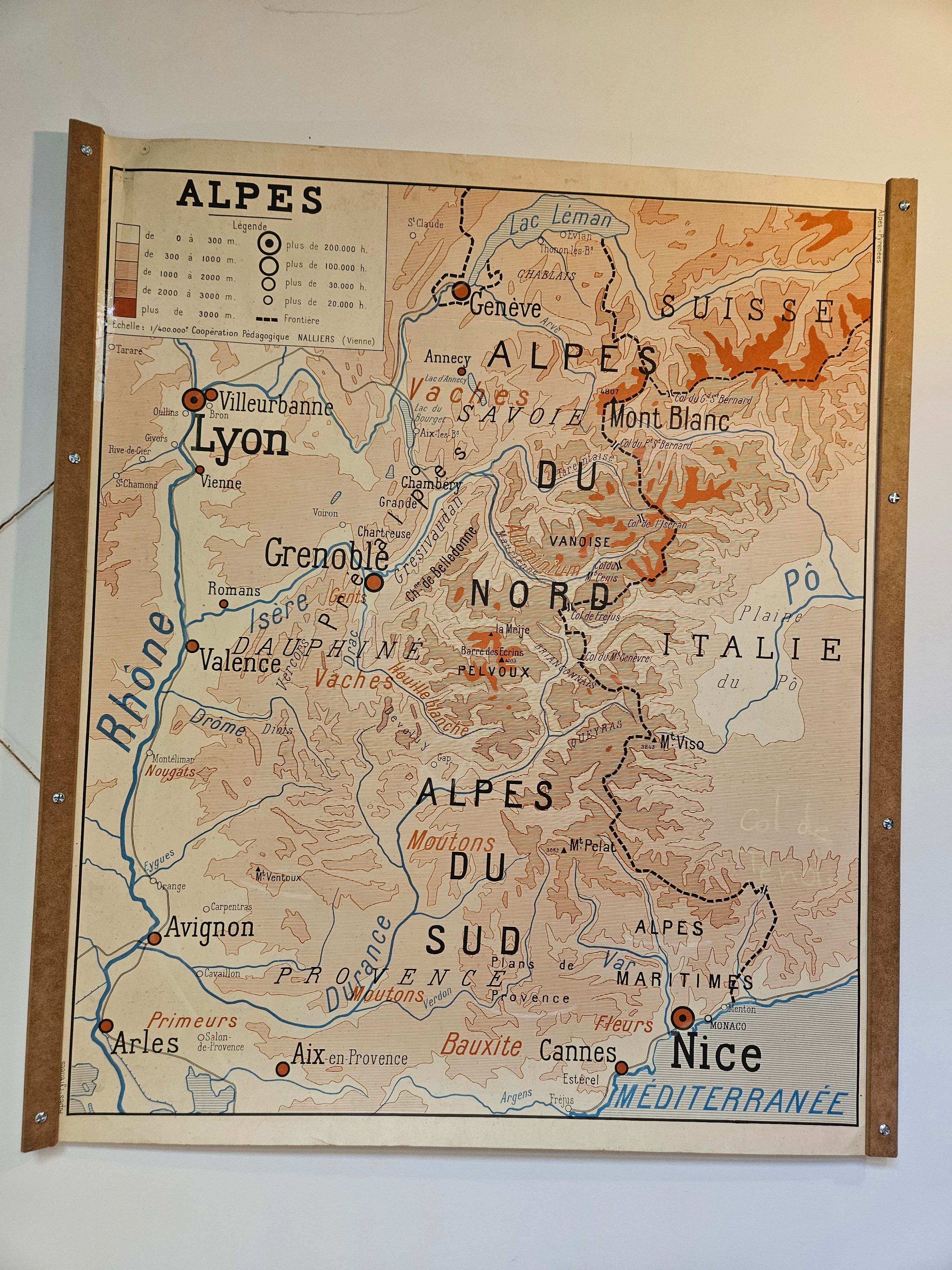 Old school map of geography 1960 Pyrenees and the Alps
