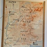 Old school map of geography 1960 Pyrenees and the Alps