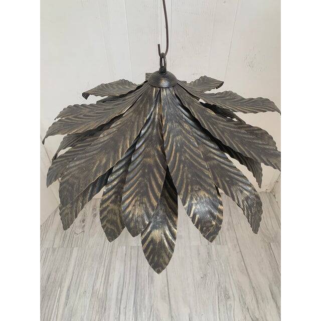 Contemporary Florentine Wrought Iron Brunito and Gold Leaves Pendant