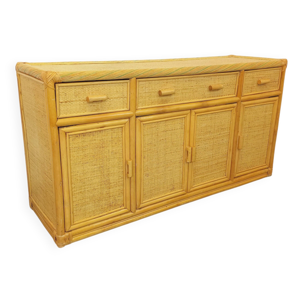Enfilade meuble de rangement vintage en rotin et rotin tressé des années 70