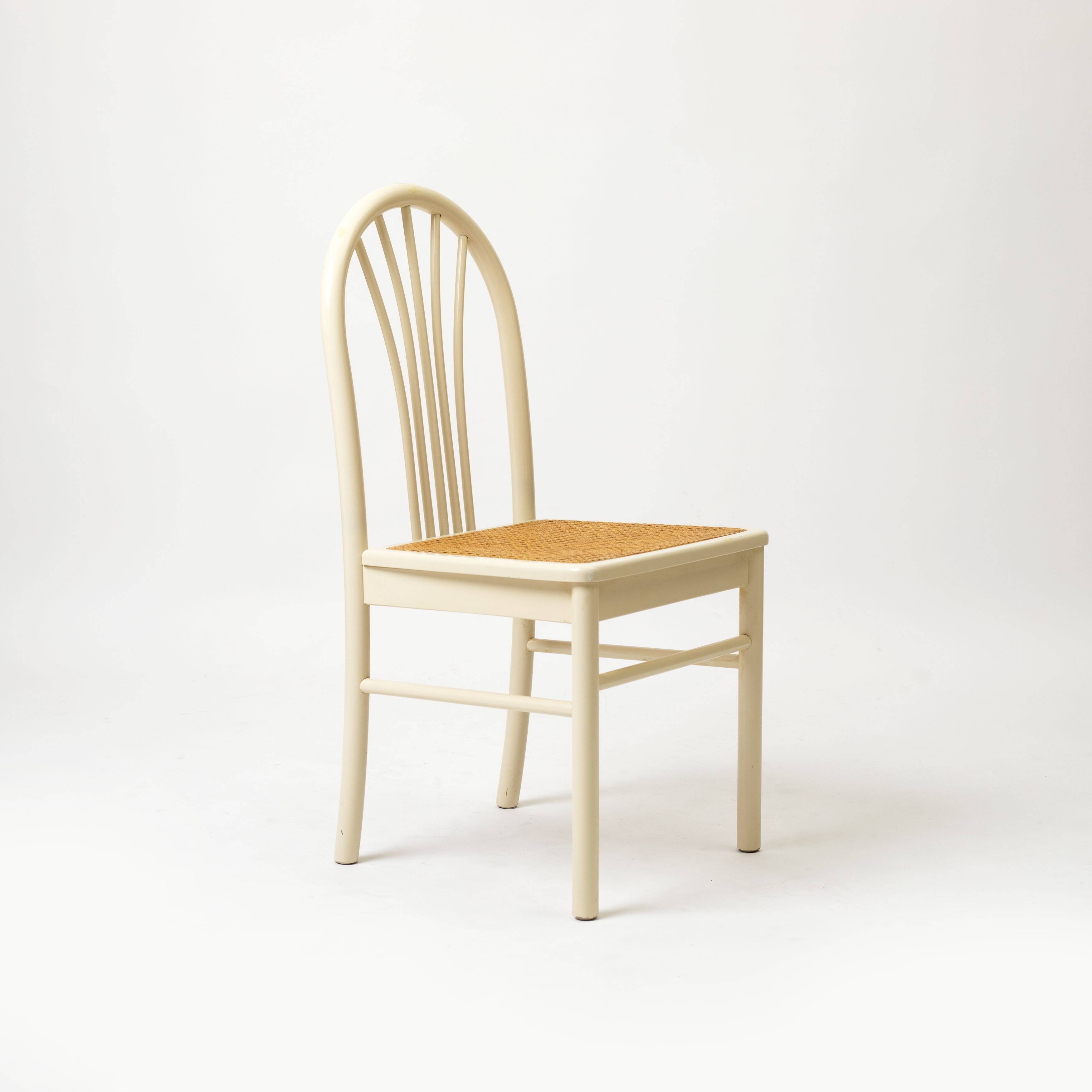Set of 2 postmodern dining chairs in white painted wood and cane, 1980s