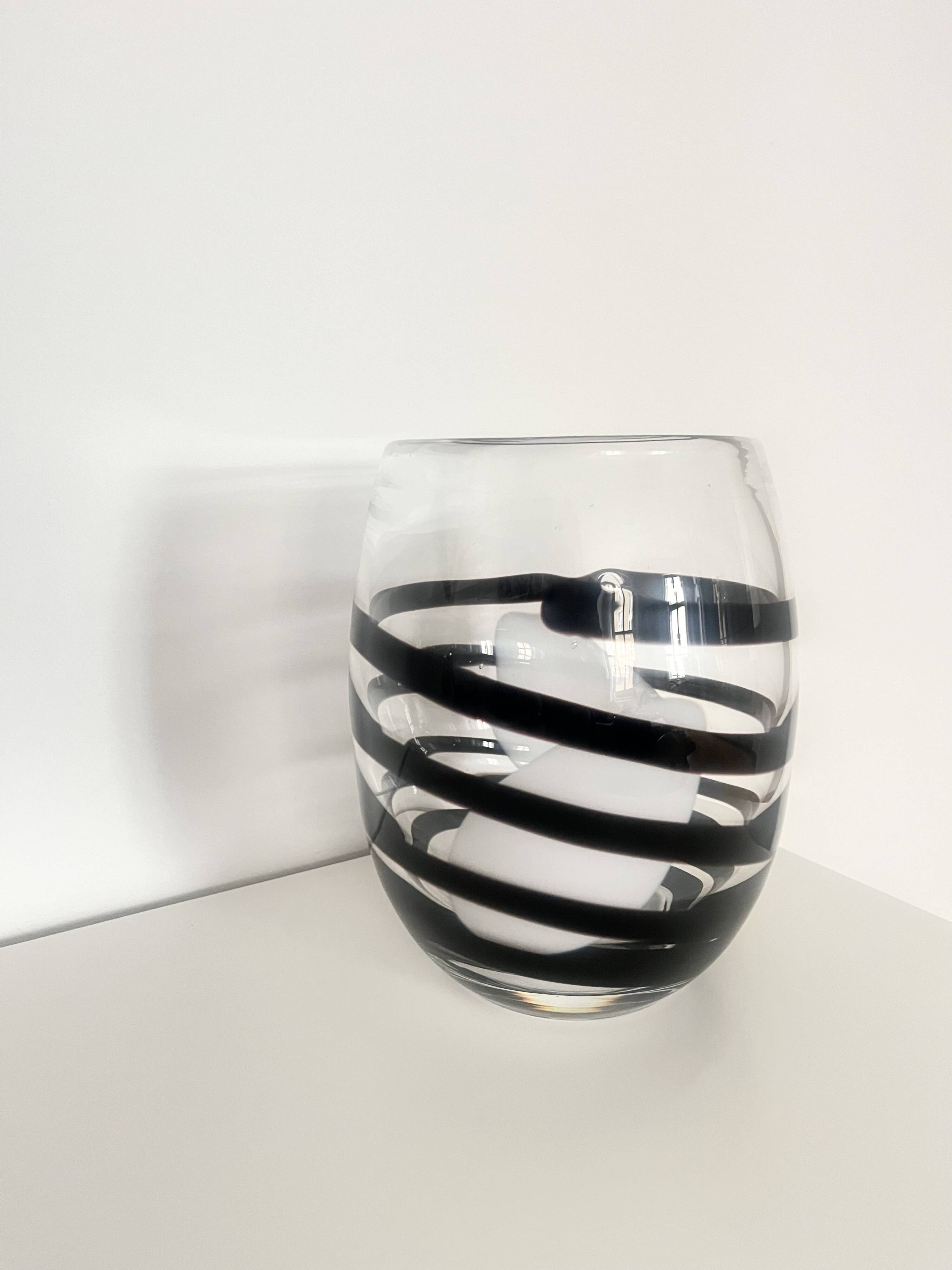 Vintage Kosta Boda Clear & Black Swirl Striped Art Vase, Sweden, 1990s