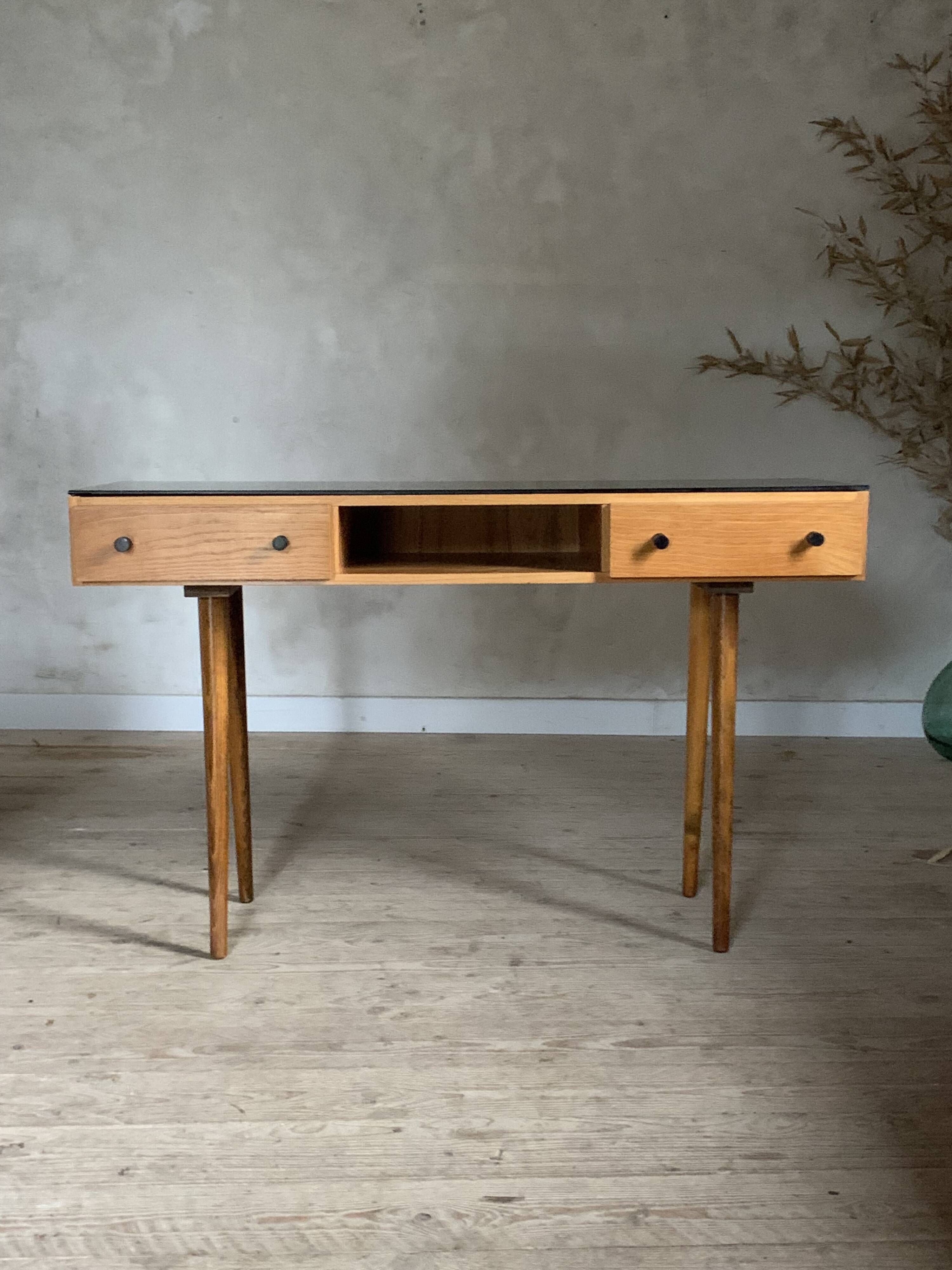 Bureau vintage pied compas en chêne